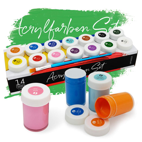 Int!rend Acrylfarben Set mit Pinseln - 14 x 18ml Acryl Farben - Wasserfestes Akrylfarbenset zum Bemalen von Leinwand, Holz, Ton & Steine - Acrylic Pai