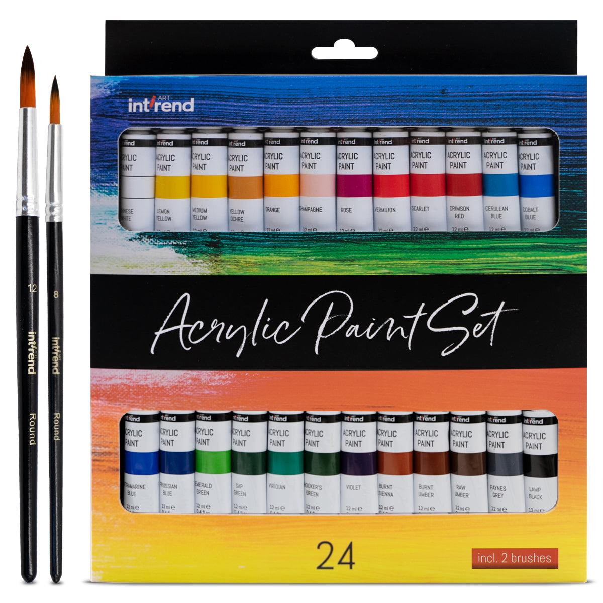 int!rend Acrylfarben Set - 24x Farben je 12 ml + 2 Pinsel - Acryl Farbe für Holz , Leinwand , Ton , Steine & Gips - Acrylfarbe für Modellbau und zum B
