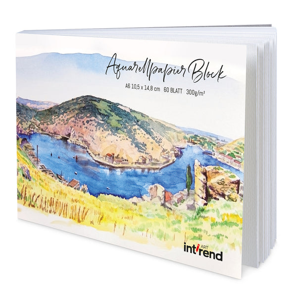 int!rend Aquarellpapier A6 300g - 60 Blatt Aquarellblock inkl. Wassertankpinsel - Papierblock für Aquarell Zeichnen Malen im Postkartenformat