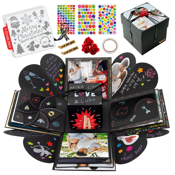 int!rend Geschenkbox Explosionsbox - Inkl. 12 Fotokarten + 5 Themen Schablonen + 3 Markern + Stickern & Schleife - Überraschungsbox zum Geburtstag Fotobox zum selbstgestalten